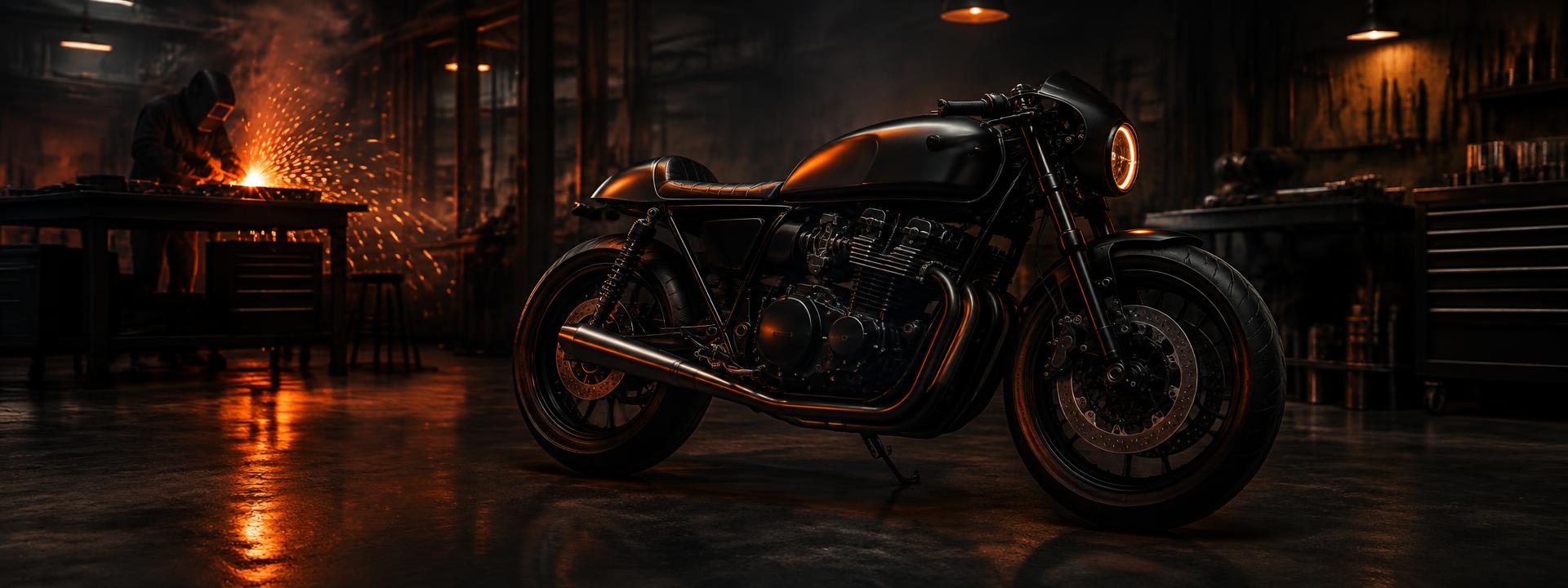 A dark cafe racer in the Forge Motor Works workshop with welding sparks in the background