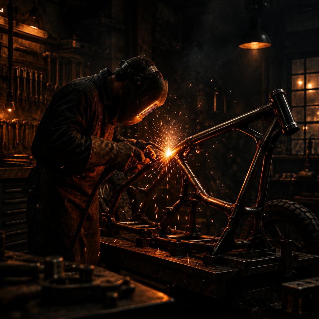 A welder joining a custom motorcycle frame among sparks